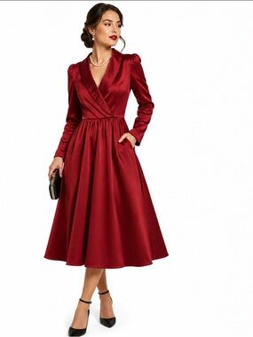 Clocolor Burgundy Red Surplice Neck Romantic Long Sleeve Midi Dress Size XL
